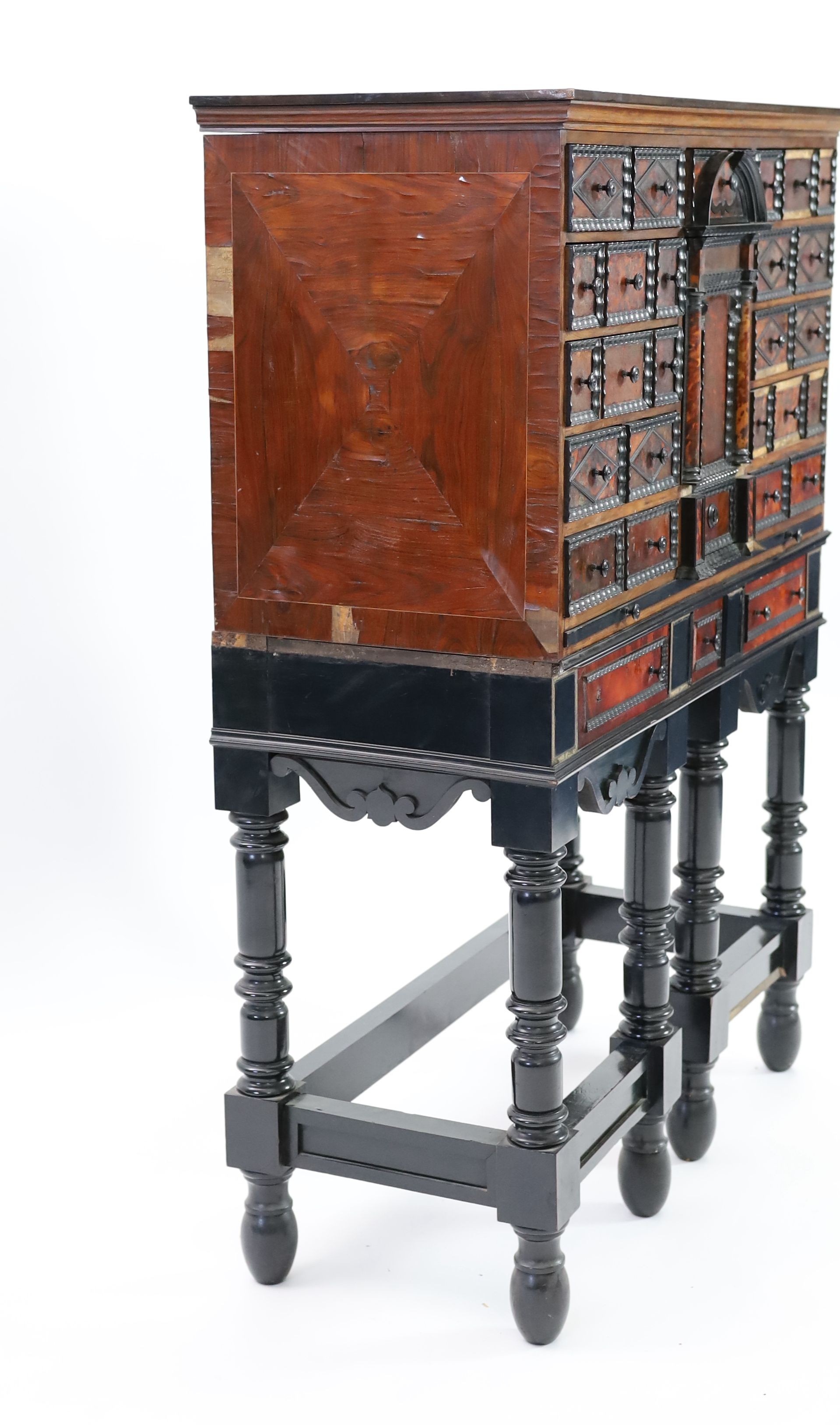 A 17th century Flemish style ebony and tortoiseshell cabinet on stand, width 99cm depth 42cm height 131cm